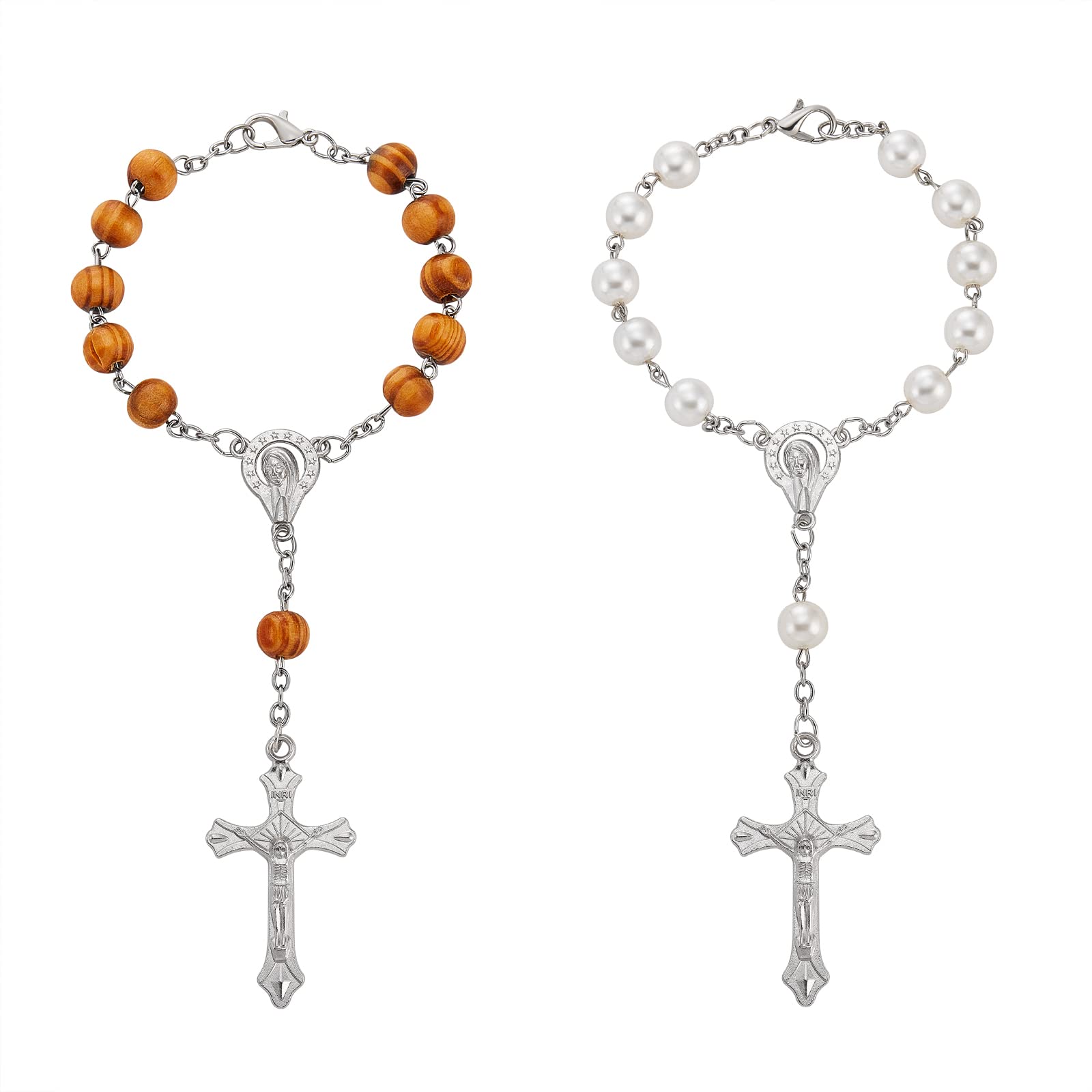 WEWAYSMILE 2 Pcs 2 Style Cross Rosary Pendant Necklace, White Pearl Rosary Beads Bracelet, Mini Rosary Beads Bracelets, with Plastic Pearl and Wood Beads for Easter, Mixed Color
