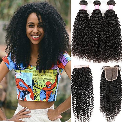 Kinkys Curly Human Hair Bundles with Closure Free Part Unprocessed Peruvian Virgin Curly Hair 8A Grade 44 Lace Closure 100% Human Hair Natural Black Color(22 24 26+20,Lace Closure)