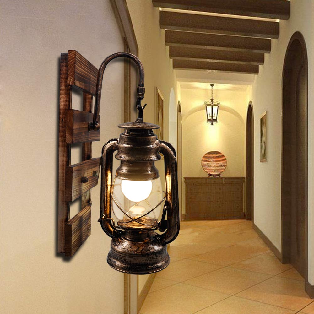 Artpad Rustic Kerosene Lamp Wall Mounted, E27 Hook Hanging Wall Light with Wood Base, Indoor Bar Coffee Restaurant Corridor Decor Sconces