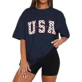 Dressmine Womens USA Oversized T-Shirts Summer Round Neck Short Sleeve Shirts Cute Print Graphic Tees