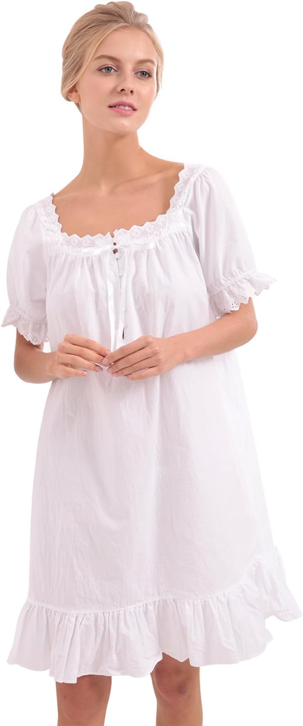 Mobisi Women's Woven Cotton Vintage Short Puff Sleeve Victorian Style Nightgown Sleep Dress