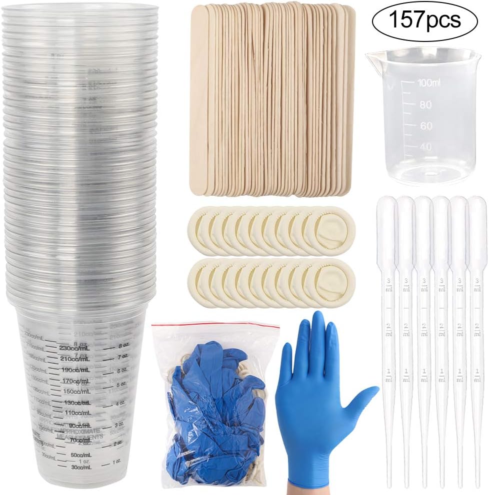 DEPEPE 157pcs Epoxy Mixing Kit, 40pcs 8oz Plastic Graduated Cups with Wood Mixing Sticks, Nitrile Gloves, Measuring Cups, Dropping Pipettes and Finger Gloves for Mixing Paint, Stain, Epoxy, Resin etc.