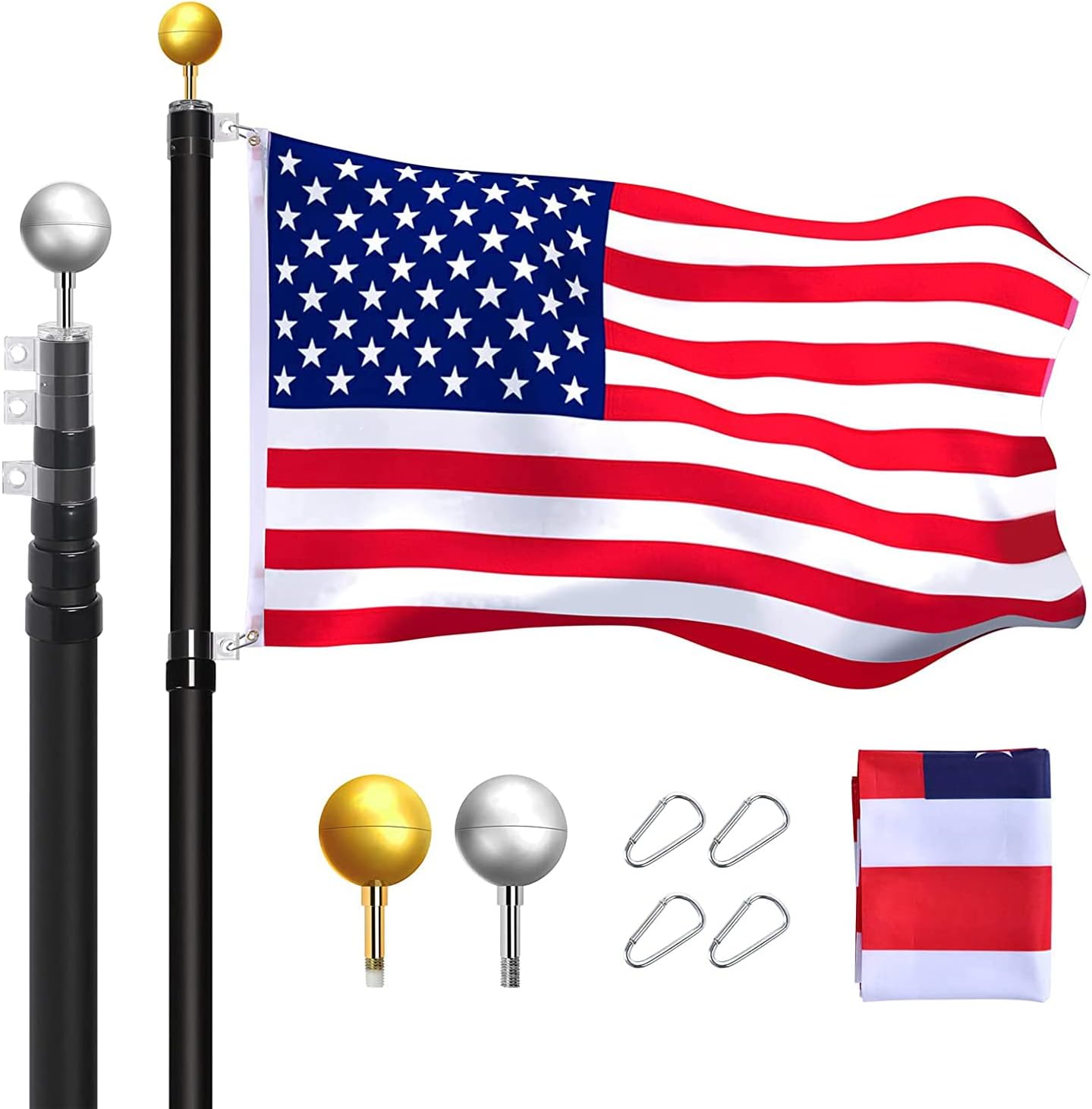 Flagpole Hardware - Flag Pole for Outside in Ground-25FT Telescoping Extra Thick Heavy Duty FlagPole for Yard,with 3x5 American Flag,Telescopic Adjustable Outdoor Flag Poles,for Commercial or Residential(Black)