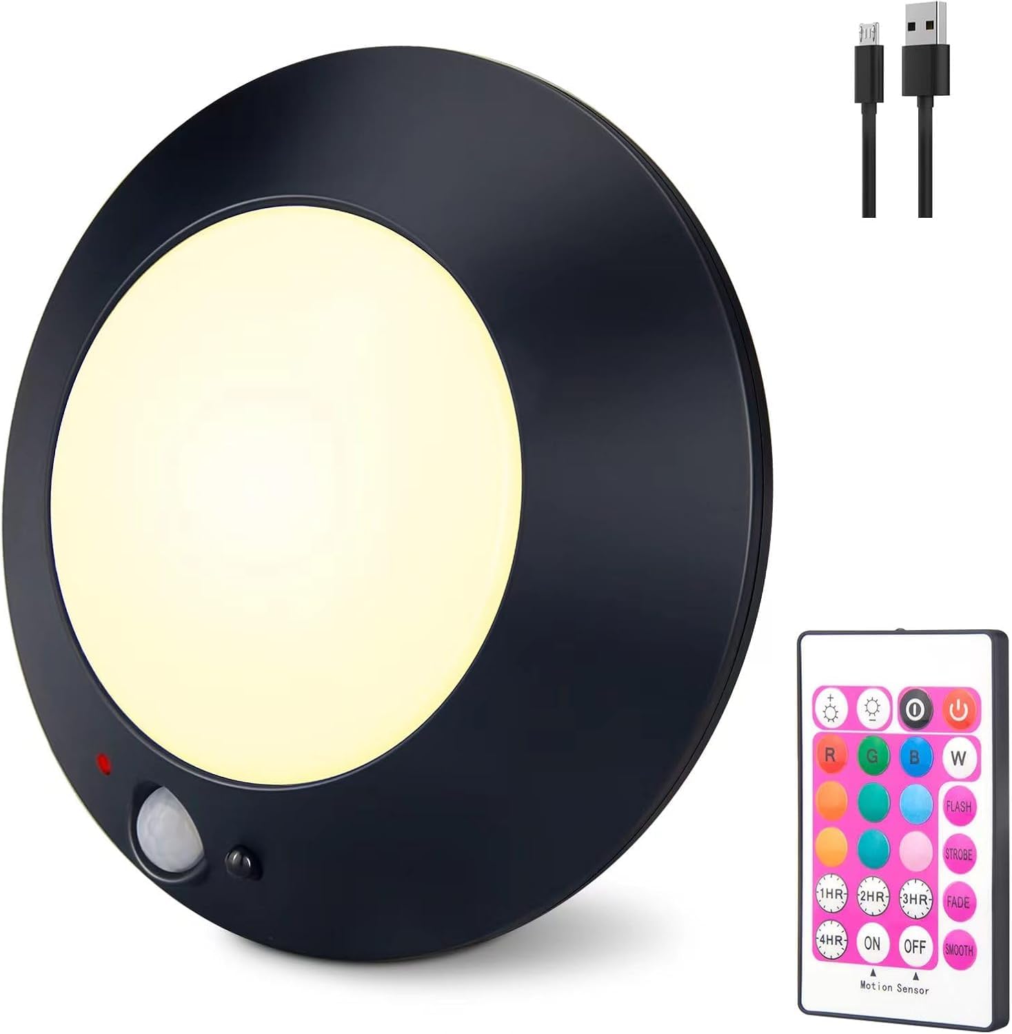 BIGMONAT Motion Sensor Rechargeable Light with Remote Control, Wireless LED Shower Ceiling Light,10 Colour Changing Modes for Shower Closet Bedroom Corridor Bathroom,220LM (Black,1 Pack