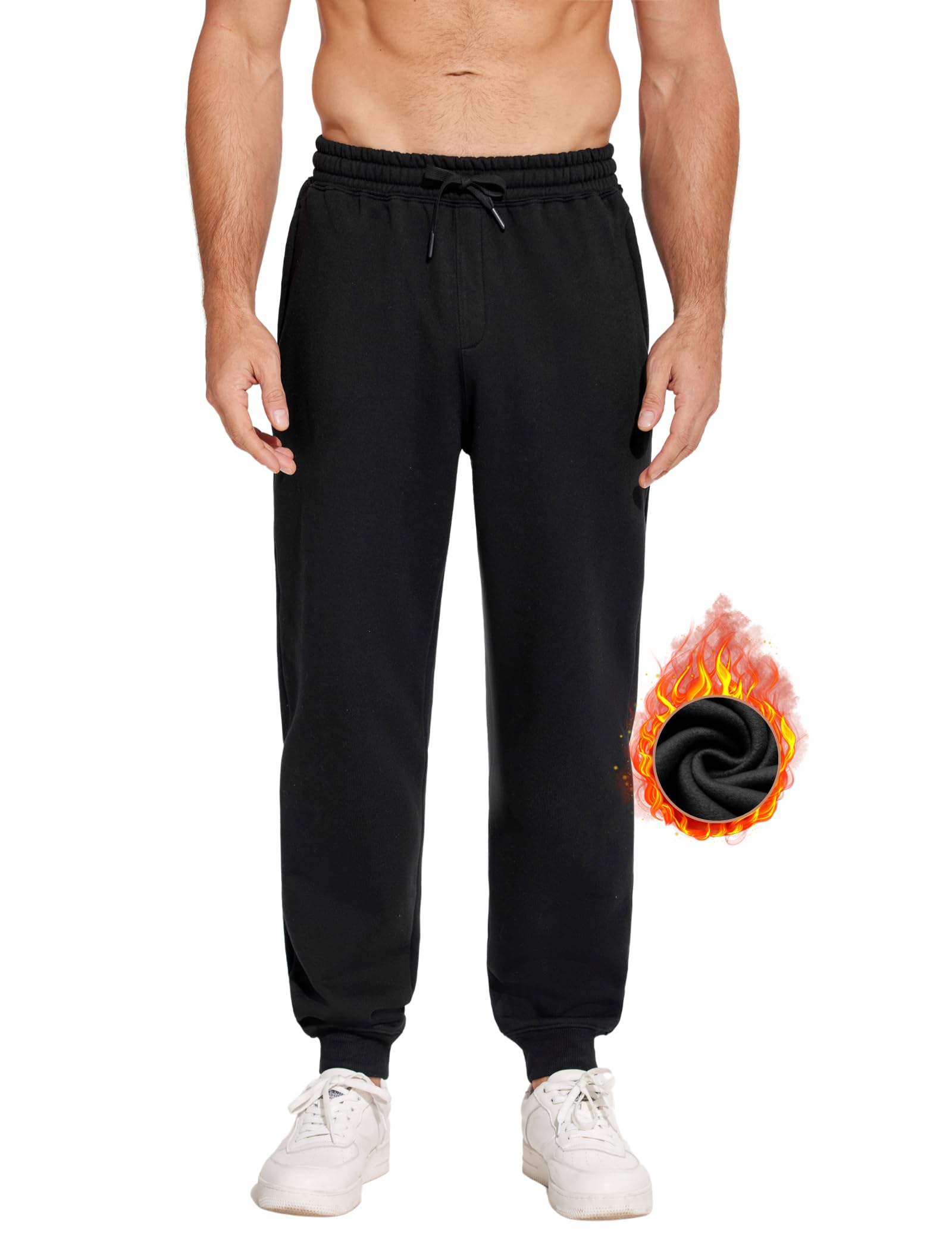 PINSPARK Men's Sweatpants with Zipper Pockets Sweat Pants for Mens Fleece Joggers Pants Baggy Thick Black Joggers for Men