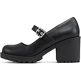 Soda “Eviana” ~ Women Mary Jane Round Toe Mid Chunky Block Heel Lug Sole Pump with Adjustable Strap