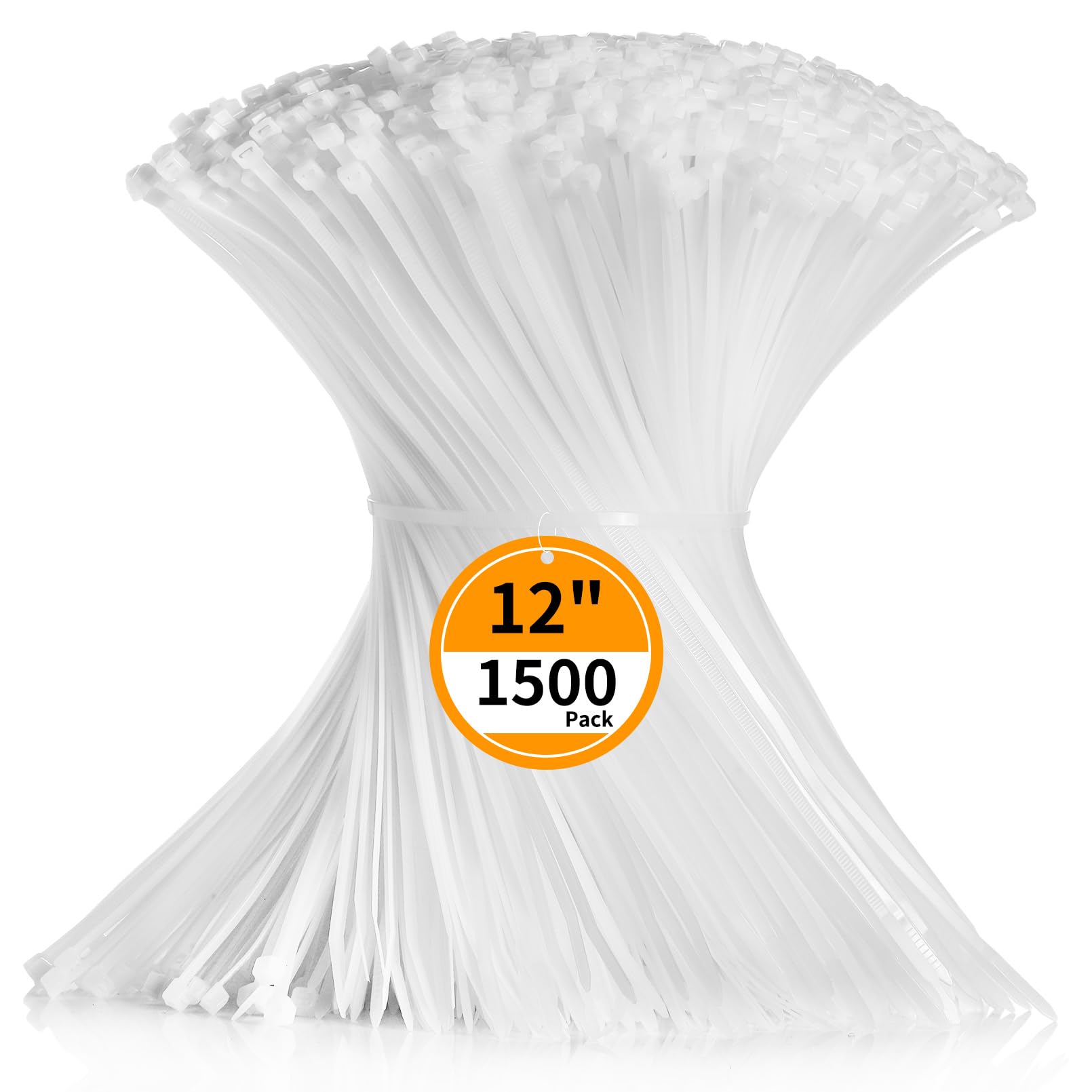 Cable Zip Ties 12 inch Cehony 1500 Pack White Cable Ties 300mm x4.5mm Heavy Duty 50lbs Tensile Strength Nylon Plastic Clear Zip Ties for Outdoor Multi-Purpose Self-Locking UV Resistant Wire Ties Wraps