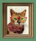 Kale the hipster barista cat disapproves of your coffee choice illustration beautifully upcycled dictionary page book art print