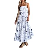 Women Graphic Maxi Cami Dress Spaghetti Strap Floral Boho Long Dress Flowy Summer Holiday Beach Dresses