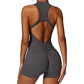 ECUPPER Women Backless Workout Jumpsuits One Piece Sleeveless Gym Rompers Zip Up Tummy Control Scrunch Shorts Yoga Bodysuit