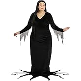 Plus Size Womens 1960s Morticia Addams Costume Officially Licensed Gothic Dress with Sheer Chiffon Sleeves for Halloween