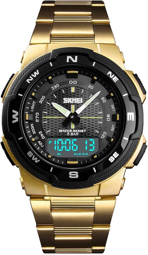 SKMEI Mens Watch Digital Analoque with Stop Watch Alarm EL Light Gold