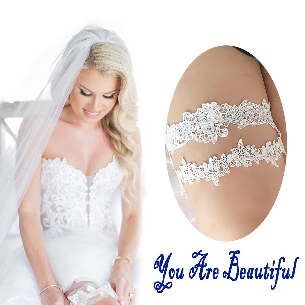 ADOVE Wedding Garters for Bride Stretch Lace Bridal Garter Sets White Flower Floral Leg Wedding Garter