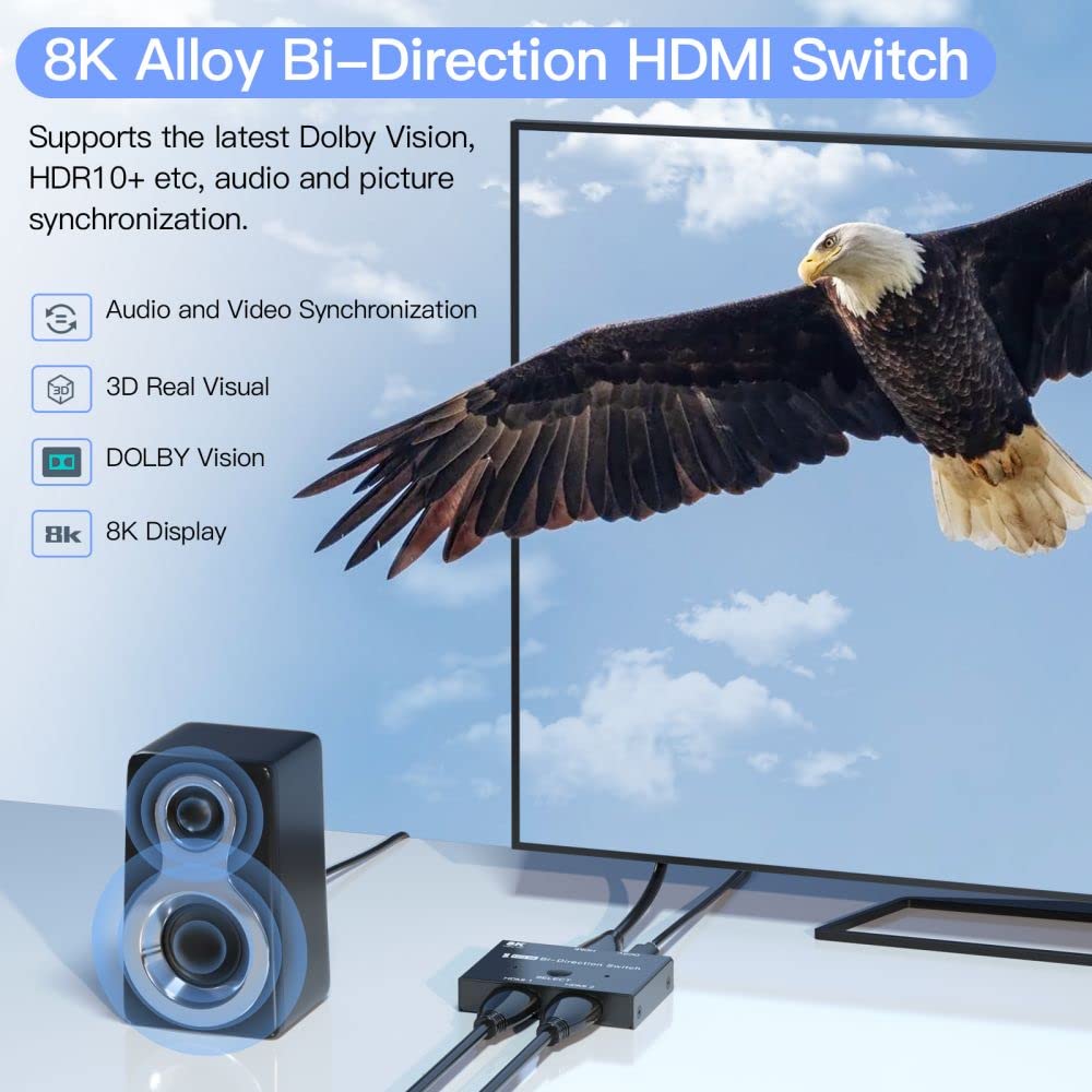 8K HDMI Switch, HDMI Switcher 1 in 2 Out or 2 in 1 Out, HDMI 2.1 Switch Support 8K@60hz and 4K@120hz, Compatible with Xbox X, PS5, Blu-Ray Player, 8K UHD TV, Monitor and Projector