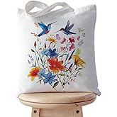 khanoqq Aesthetic Hummingbird Flower Tote Bag with Inner Zipper Pocket, Double Side Printed Beautiful Canvas Reusable Shopping Grocery Tote Bag for Woman Man