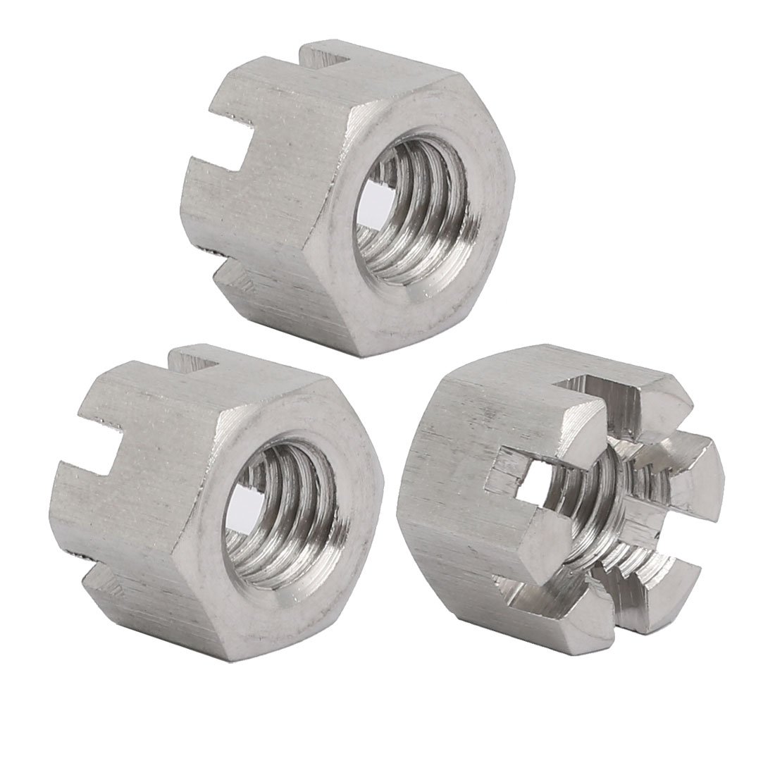 Sourcingmap 3pcs M10x1.5mm 304 Stainless Steel Hex Hexagon Slotted Castle Nut Silver Tone