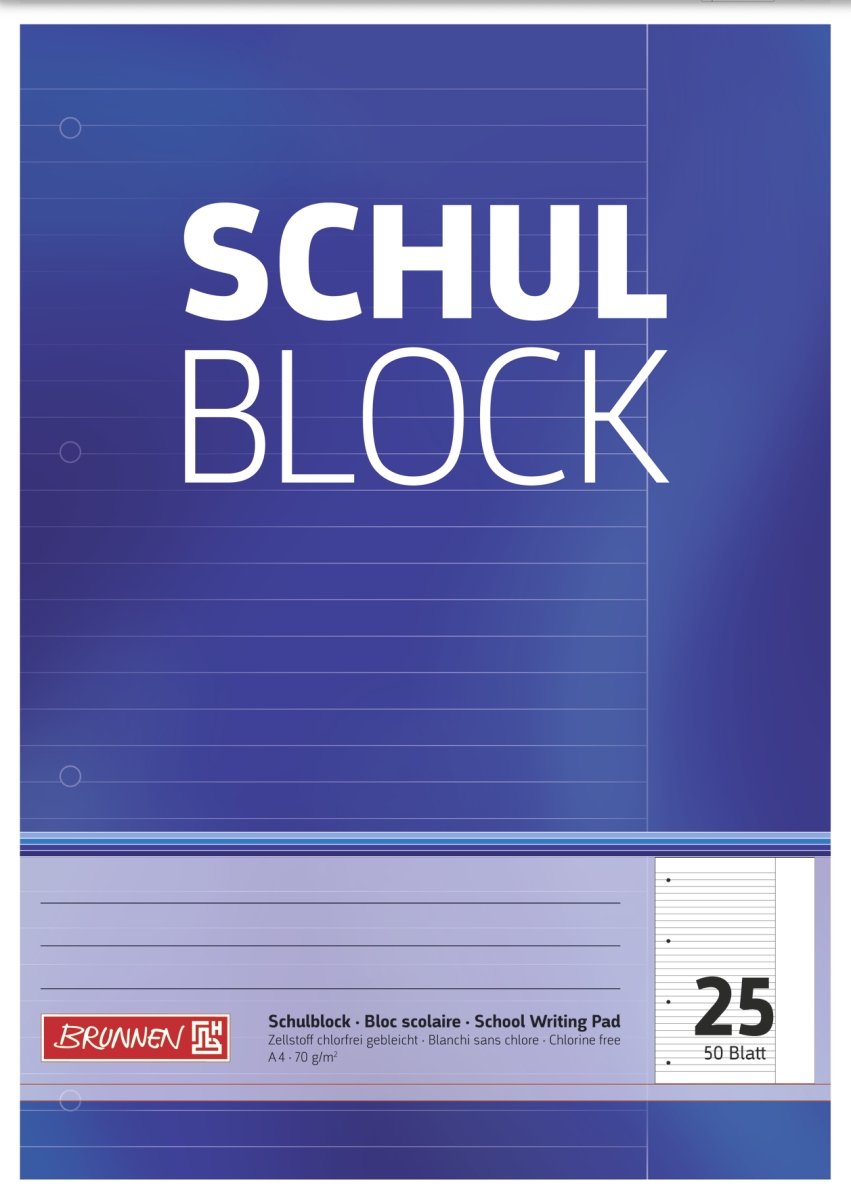 Brunnen 1052525 School Notepad (A4, 50 Sheets, Ruled, with Margin, Line Style 25, Punched, Glued Head, 70 g/m²)