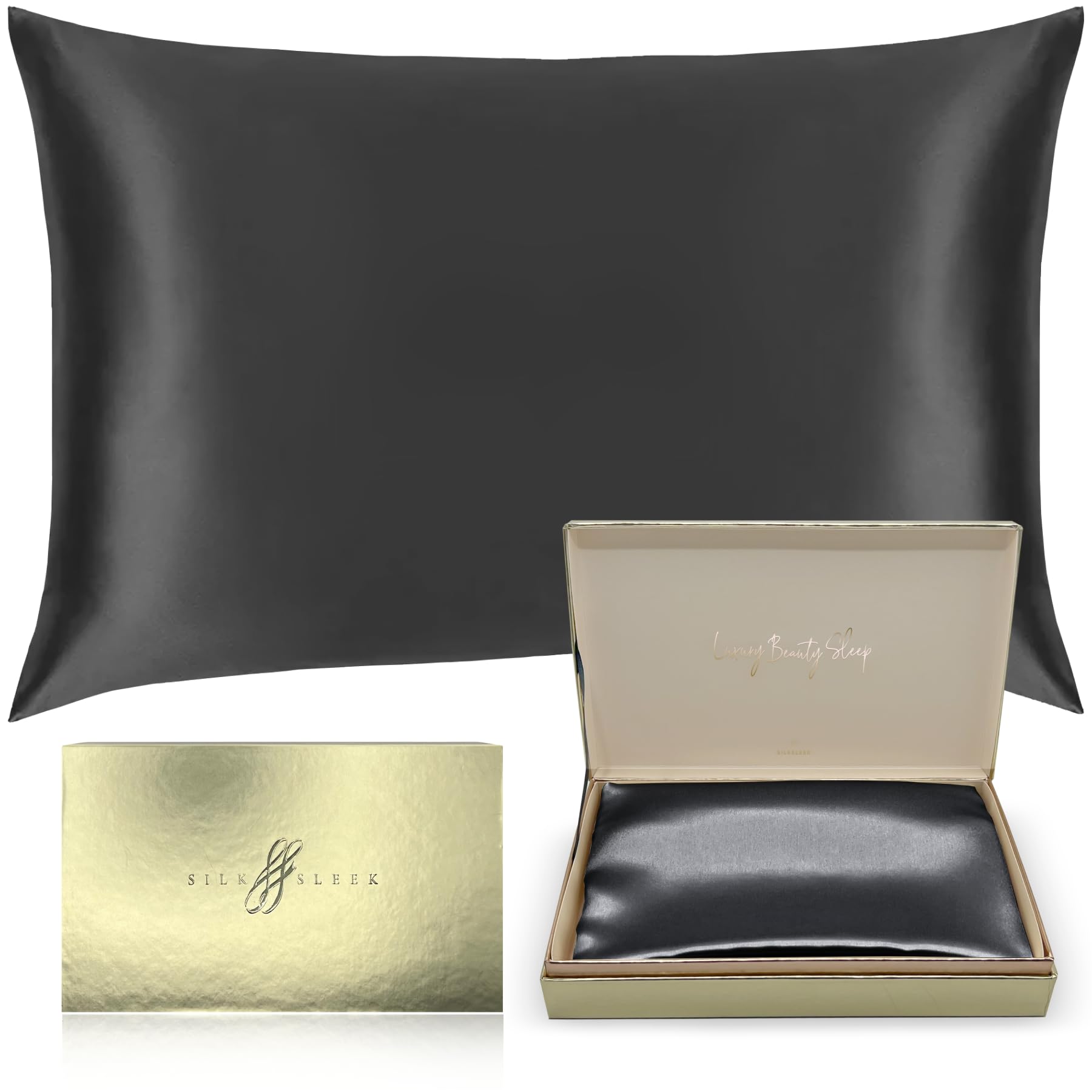 SILKSLEEK 100% Mulberry Silk Pillowcase for Hair and Skin, 22 Momme Silk Bedding, Hypoallergenic Natural Silk Pillowcase, Hidden Zipper Closure, 1 Pc Gift Box (Charcoal, 50x75cm)