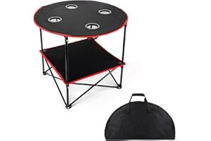 Moosinily Camping Table Beach Table 4 Cup Holders with Steel Frame Lightweight 600D Oxford Folding Picnic Table with Carrying Bag Fishing Table for Outdoor Indoor Beach Grill Travel BBQ Barbucue Red
