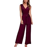 Knitee Women's Sleeveless Deep V Neck Ruched Wide Leg Jumpsuit Long Romper Belt with Pockets