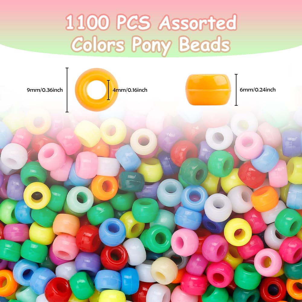 Pony Beads 1100 Pcs,Beads for Jewelry Bracelets Making,Bracelet Bead,Plastic Hair Bead for Braids for Girls for Craft,Gifts for Girls (Multicolored)