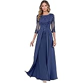 3/4 Sleeves Chiffon Mother of The Bride Dresses for Women Lace Applique Flowy Mother of The Groom Dresses with Train