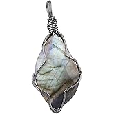 TUMBEELLUWA Labradorite Necklace Irregular Shape Wire Wrapped Quartz Crystal Pendant with Chain Healing Stone Jewelry