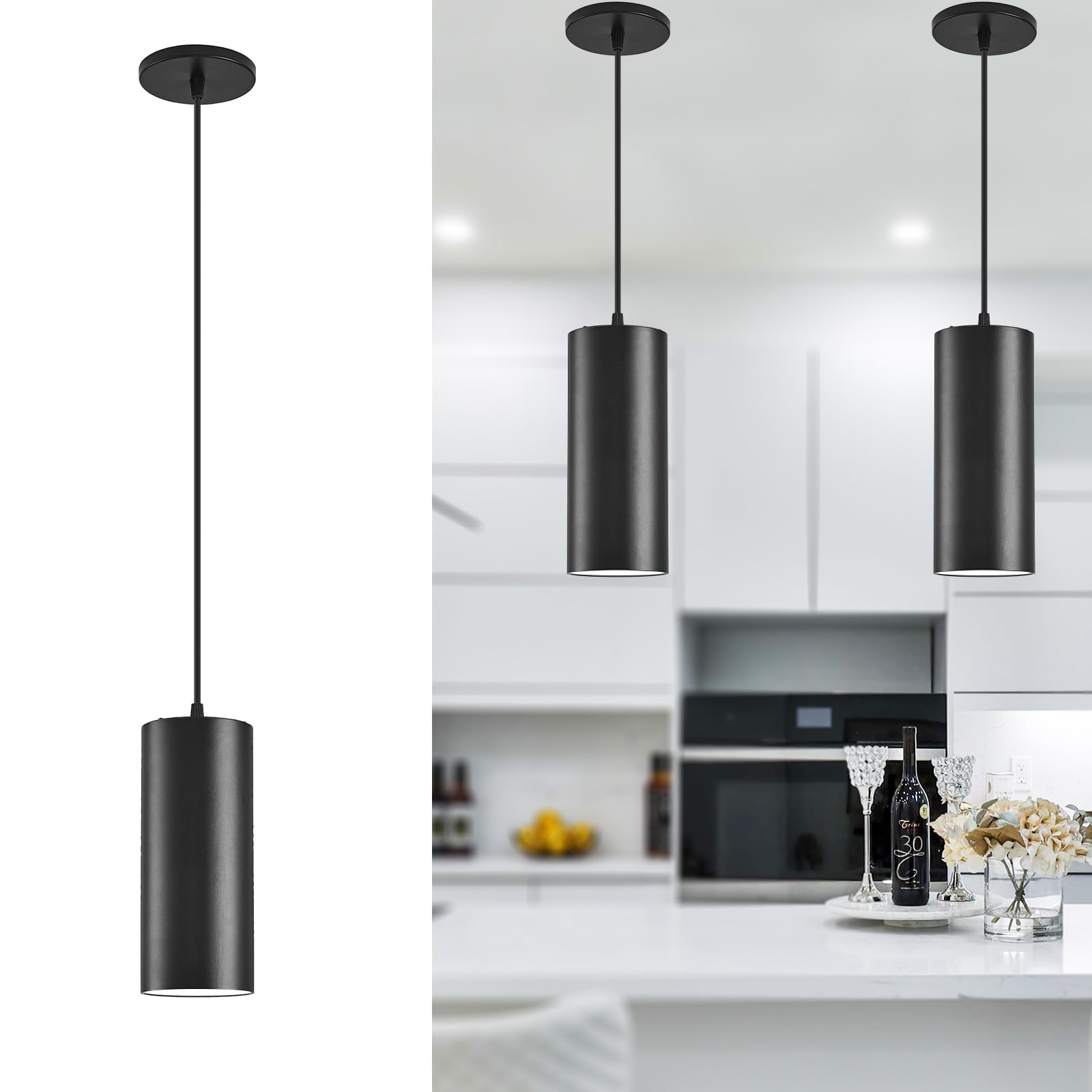 Photo 1 of SAMPHON 4" Pendant Lights Kitchen Island, 25W Cylinder Hanging Lights with Dipswitch, Modern Eye Care Led Pendant Lamp fixtures for Bedroom, Living Room, Office (Black, 2 Pcs)
