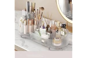 Bemgue Makeup Organizer for Vanity, 360° Rotating Countertop Makeup Organizer with Brush Holder, Large Capacity for Cosmetics, Skincare, Perfumes -Clear