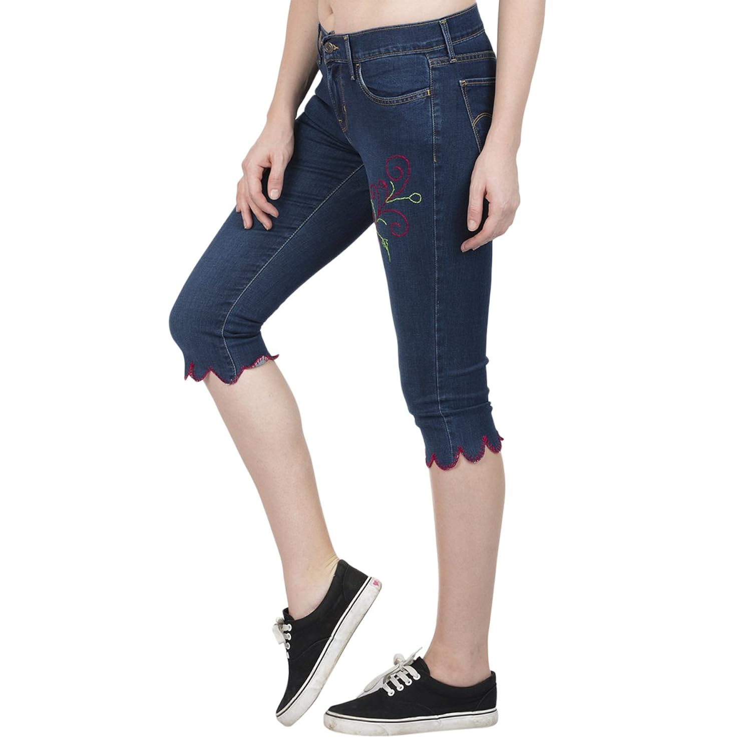 estrolo red piping embroidered blue women's capris