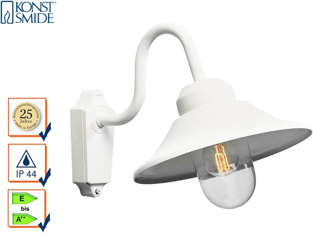 Konstsmide Handmade Outdoor Wall Lights Mains Powered/Vega Down Swan Neck Outdoor Wall Light/1 x 60 W E27 Max Wall Lamp/Clear Glass Globe/Aluminium/IP23/White Outside Light - Image 5