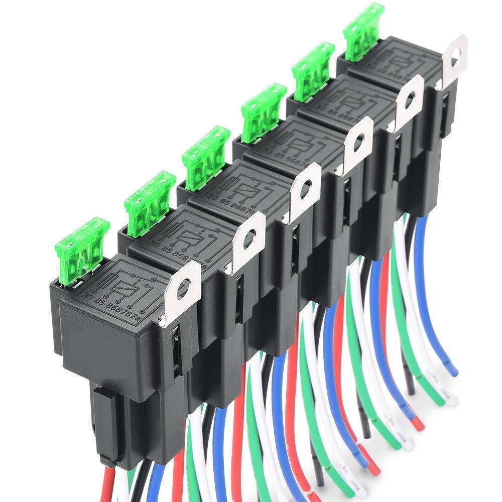DollaTek 6Pcs 12V 30A Fuse Relay Switch Harness ATO/ATC Blade Fuse, 5-Pin SPST Automotive Electrical Relays with Heavy Duty 14 AWG Wires