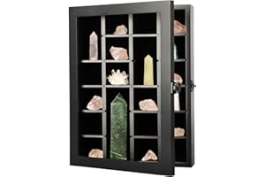 KCRasan Adjustable Rock Display Case - Wooden Crystal Organizer for Stones Storage - Rock Collection Box with Shelves for Agate Opal Crystal Stone Arrowheads Spear Points Rocks, Small Black