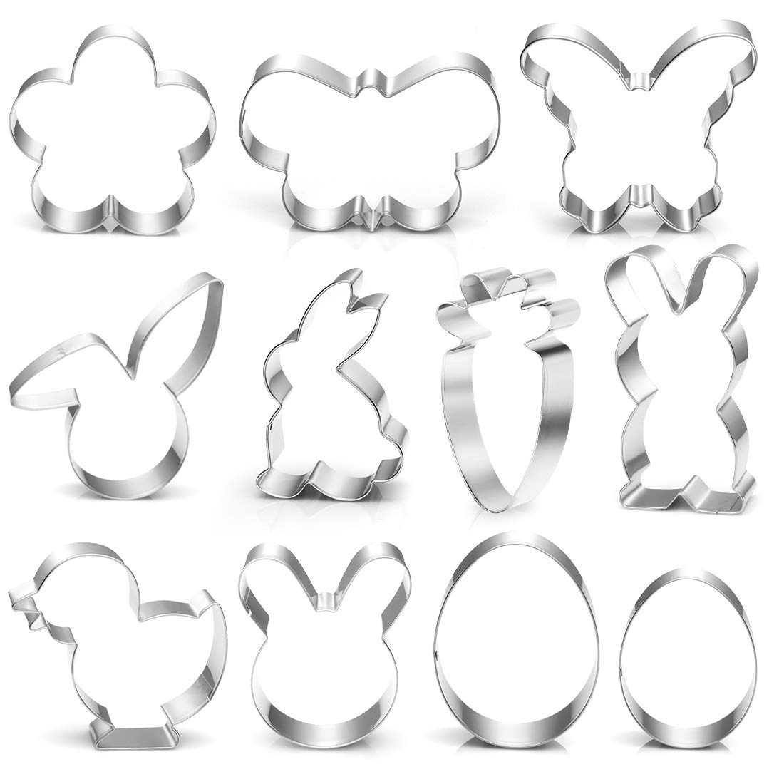 O-Kinee Easter Cookie Cutters Set, 11Pcs Biscuit Cutters Stainless Steel- Egg, Bunny, Rabbit Face, Butterfly, Flower, Chick, Carrot Shapes for Kids Easter Party Decoration