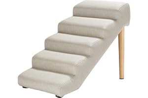 Senneny Imitation Linen Faux Leather Dog Stairs, for Pets up to 150 lbs, Waterproof, Scratch Resistant Pet Steps/Stairs with High Density Foam and Detachable Wooden Legs, Light Beige Linen, 5 Step