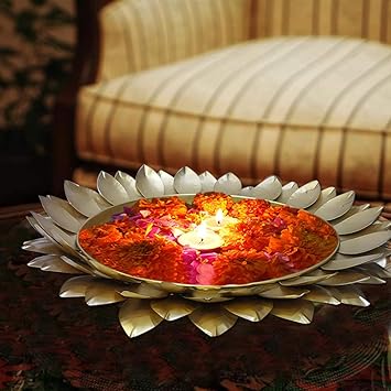 Shopping Club Store Diwali Special Tablecenter Piece Metal Diya Decorative Lotus Design Urli for Home and Office Decoration Pot for Floating Flower Showpiece(18 Inch)