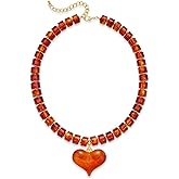 FILMOON Large Acrylic Heart Necklaces for Women Chunky Puffy Heart Pendant Necklace Exaggerated Statement Love Beaded Choker Necklace Jewelry