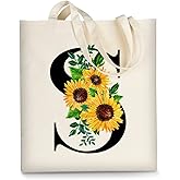 AUSVKAI Canvas Tote Bag Aesthetic for Women, Cute Sunflower Initial Trendy Monogram Personalized Initial Birthday Reusable Cloth Cotton Bags with Handle for Grocery College Shopping Beach
