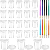 24 Pack No Spill Paint Cups with Lids for Kids with Painting Brush Set, Reusable Plastic Spill Proof Paint Cups for Painting School Classroom Art Crafts Supplies