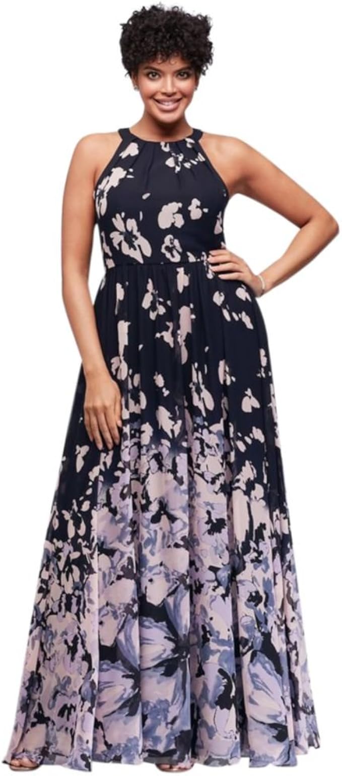 David's Bridal Long Flowy Printed Chiffon Dress Style A19618W, Navy, 18 at Amazon Womenâs 