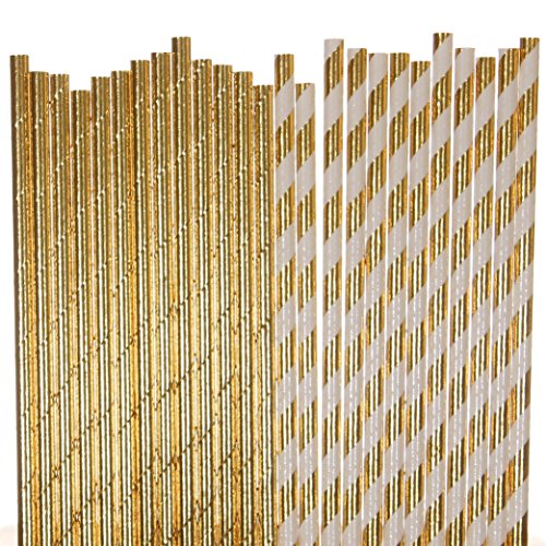 Gold Foil Paper Straws Mix - Striped and Solid (25)