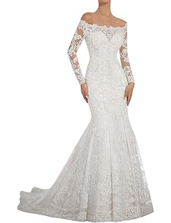 Vestidos de Novia Vestido de Boda Largo Sirena Mujer Encaje Manga Larga Sin Tirantes