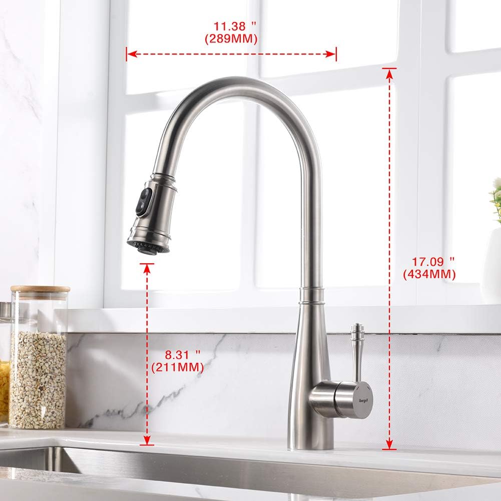 Ibergrif, Pull-Out Kitchen Mixer with Hand Shower, Single Lever Sink Mixer, Brushed Nickel, Grey - Image 3