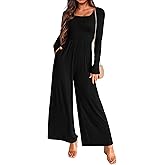 KIRUNDO Long Sleeve Jumpsuit for Women 2026 Spring Outfits Summer One Piece Square Neck Wide Leg Pants Romper With Pockets