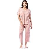 Fruit of the Loom womens 360 Stretch Ruffle Sleeve V-neck Tee and Capri Sleep Pajama Set