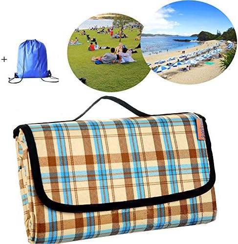 Outdoor Blanket Foldable Large Mat Waterproof Sandproof and Moistureproof Picnic Blanket 79x 58 inch for Outdoors/Beach/Travelling/Camp (Blue-Plaid)
