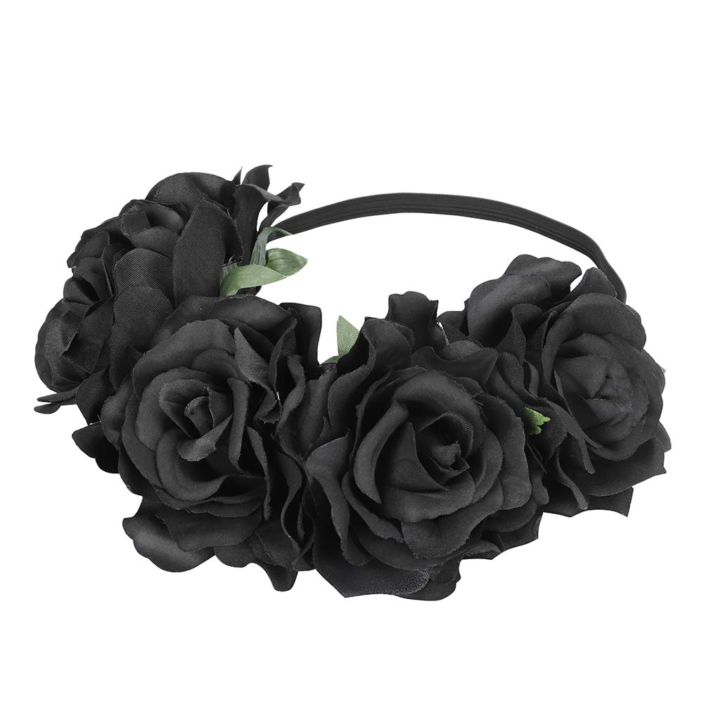 Halloween Black Flower Crown Headband Hair Wreath Gothic Garland Headpiece Headdress Day of The Dead Costume Accessories Fancy Dress for Halloween Christmas Costume Party Masquerade Hen Party