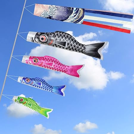 Amazon 鯉のぼり 掛け易い どこでも飾れる 2メートル伸縮ポール付け 庭用 コンパクト 初節句お祝い 子供の日 こどもの日 端午 初節句 五月五日 こいのぼり 鯉 鯉のボリ 4色鯉のボリ五色吹流しセット こいのぼり おもちゃ