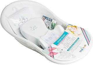 Tega Baby ® SET 5-teilig Badewanne Badesitz für Baby, ab 0 Monate mit eingebautem Thermometer - Anti-rutsch, GESCHENK für Neugeborene (allein, Häschen - weiß)