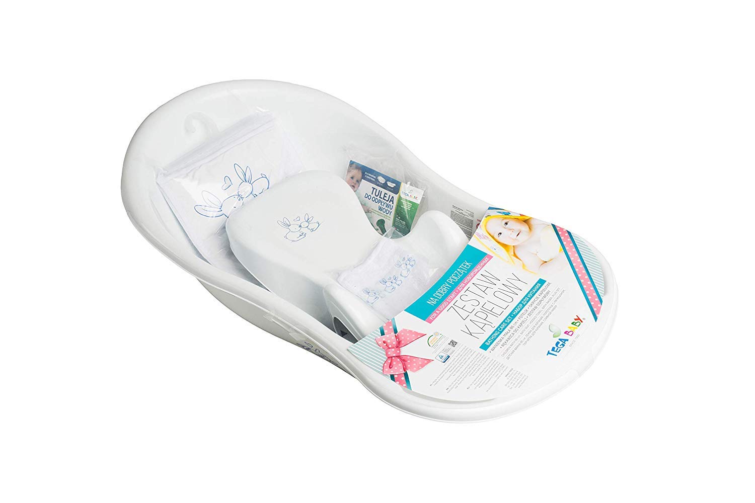 Tega Baby ® SET 5-teilig Badewanne Badesitz für Baby, ab 0 Monate mit eingebautem Thermometer - Anti-rutsch, GESCHENK für Neugeborene (allein, Häschen - weiß)